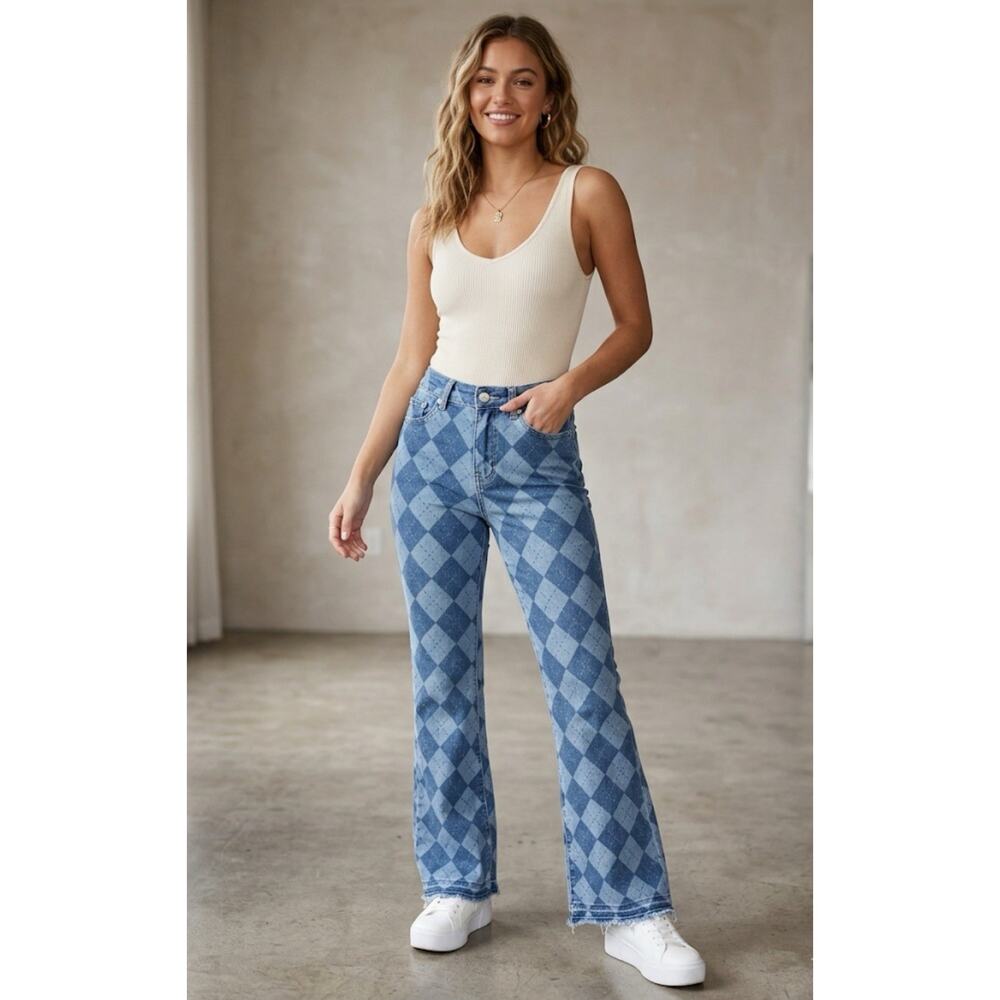NO BOUNDARIES Argyle Flare Jeans High Rise Flare Boho Botton Blue Denim Pants 1